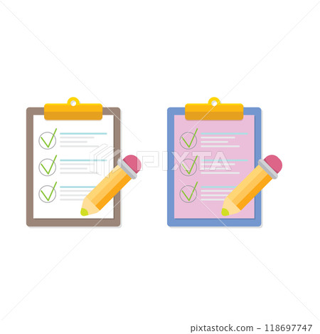 vector cartoon Clipboard icons set with green checkmarks and orange pencil isolated on transparent background. Checklist vector flat style symbol collection. to do list logo 118697747