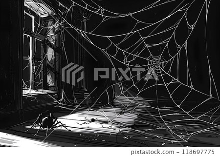 Monochromatic Halloween Spider Web Background Illustration with Black Spider and Moonlight in a Dark Room 118697775