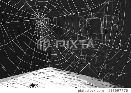 Intricate Spider Web Design with Black Spider in a Dark Room Illuminated by Moonlight for Halloween Background 118697776