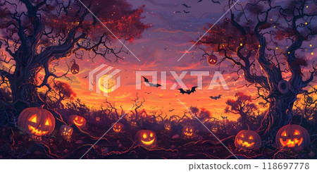 Halloween Illustration Background Pumpkin Patch at Twilight with Glowing Jack o Lanterns and Bats in a Spooky Vines Filled Landscape Halloween Illustration Background Pumpkin Patch at Twilight with Glowing Jack o Lanterns and Bats in a Spooky Vines Filled Landscape 118697778