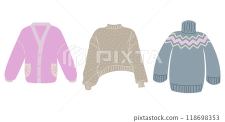 Warm cozy sweaters set. Cartoon cute wool jumper. Knitted tacky winter sweater pullover. December clothes vector isolated icon collection 118698353