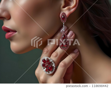 Image of a jewel made of platinum and red spinel Image of a jewel made of platinum and red spinel 118698442