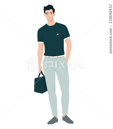 Vector illustration of a man in a dark t-shirt and light pants with a bag Vector illustration of a man in a dark t-shirt and light pants with a bag 118698452