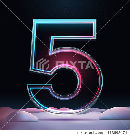 3D glass number 5 with neon light insight. Big relistic symbol with sparkles and winter background. Futuristic holiday decoration. Element for design poster, advertisign or game 118698474