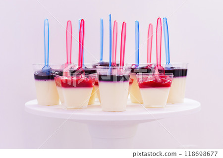 Candy bar at celebration party. Wedding table with sweets, cake, pastries, muffins, sugar treats. 118698677