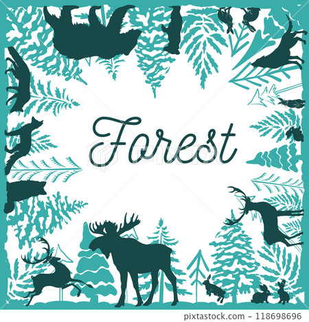 Frame of trees and animals in the forest. hand drawing. Not AI, Vector illustration 118698696