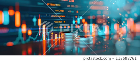 A pair of silver coins sit on a table next to a graph of stock prices by AI generated image A pair of silver coins sit on a table next to a graph of stock prices by AI generated image 118698761