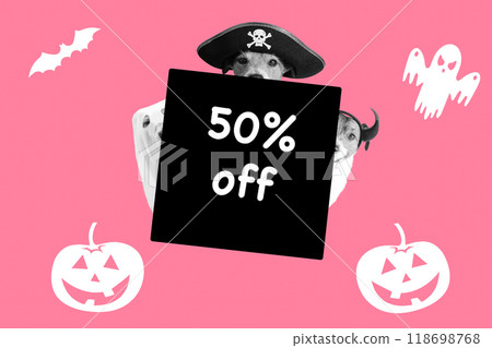 Collage with cute dogs in spooky Halloween costumes and with place for text for holiday sale. 118698768