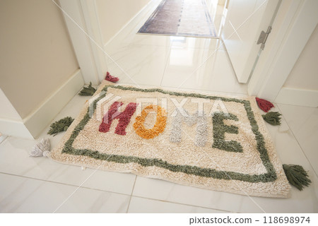a rug with the word home written on it is on the floor in a hallway 118698974