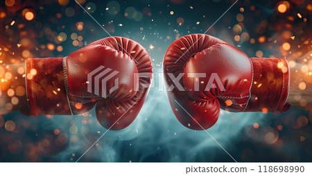 Two boxing gloves are shown in a close up, with the red gloves facing each other by AI generated image 118698990