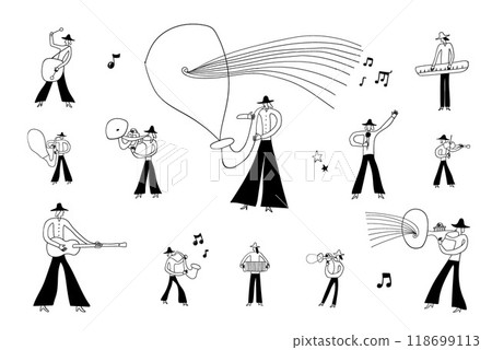 jazz musicians hand drawn doodles , vector sketch illustration 118699113