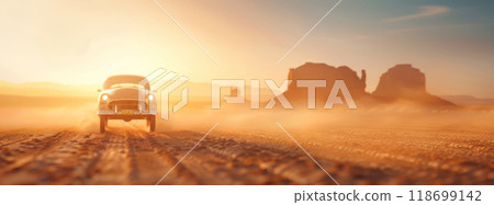 A red toy car is driving through a desert by AI generated image 118699142