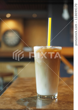 iced late in a transparent glass on cafe table iced late in a transparent glass on cafe table 118699170