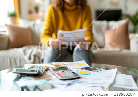A woman is sitting on a couch with a stack of papers by AI generated image A woman is sitting on a couch with a stack of papers by AI generated image 118699297