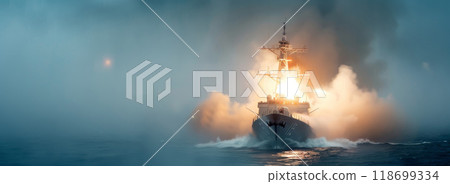 A large ship is in the middle of a battle with a fire on its side by AI generated image 118699334