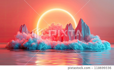 A mountain range with a pink and orange sky and a large circle in the middle by AI generated image A mountain range with a pink and orange sky and a large circle in the middle by AI generated image 118699336