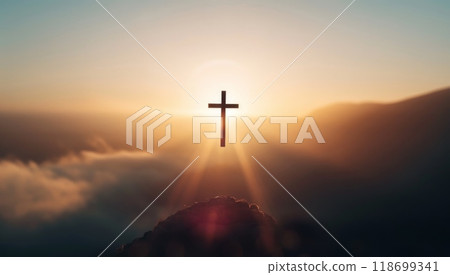A cross is shown in the sky with the sun shining on it by AI generated image A cross is shown in the sky with the sun shining on it by AI generated image 118699341