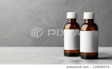 Two bottles of medicine are sitting on a table by AI generated image 118699478
