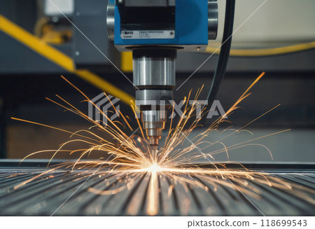 CNC metal laser cutting with sparks close up 118699543