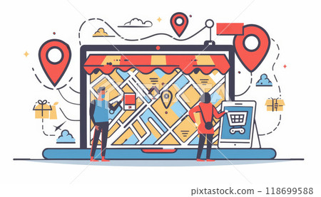 A group of people are walking down a street with a red and white store front by AI generated image 118699588