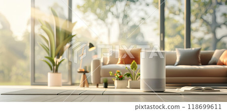 A living room with a white air purifier on the floor by AI generated image 118699611