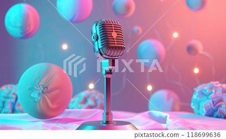 A microphone is placed on a table with a colorful background by AI generated image A microphone is placed on a table with a colorful background by AI generated image 118699636