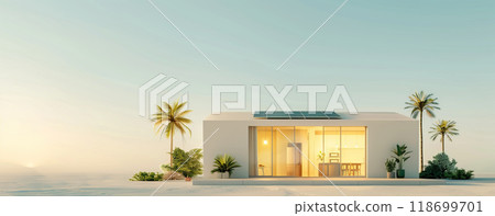A small house with a large window sits on a beach by AI generated image 118699701