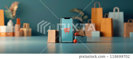 A cell phone is on a table next to a pile of shopping bags by AI generated image 118699702