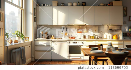 A kitchen with a blue countertop and white cabinets by AI generated image 118699703