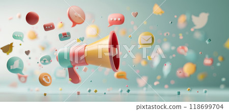 A cartoonish image of an orange megaphone with a bunch of social media icons fly by AI generated image 118699704