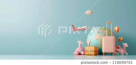 A blue background with a cartoonish scene of a suitcase, a toy airplane by AI generated image A blue background with a cartoonish scene of a suitcase, a toy airplane by AI generated image 118699781