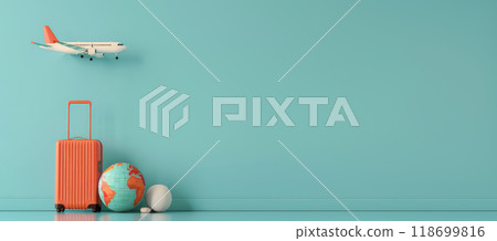 A blue wall with a suitcase, a globe and an airplane by AI generated image 118699816
