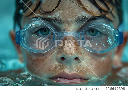 A young swimmer with goggles is underwater in a pool 118699898