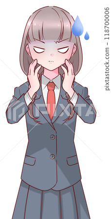 A schoolgirl in uniform with a cramp in her hands on her cheeks A schoolgirl in uniform with a cramp in her hands on her cheeks 118700006
