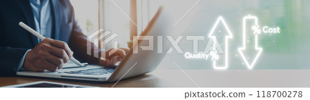 Cost reduction, cost saving concept shown by digital graphic EIDE overlays 118700278