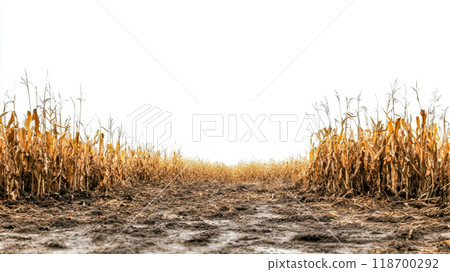 Dirt path leading through dry cornfield under white sky 118700292