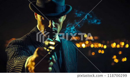 Serious gangster pointing gun at night with city lights background Serious gangster pointing gun at night with city lights background 118700299