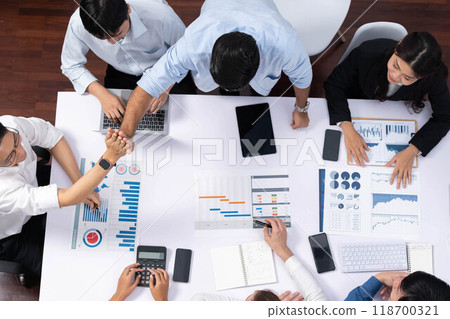 Group of diverse office worker employee high five and working together. Prudent Group of diverse office worker employee high five and working together. Prudent 118700321