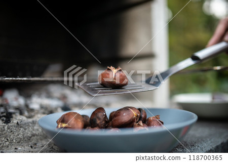 Closeup of roasted chestnut on metal spatula Closeup of roasted chestnut on metal spatula 118700365