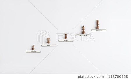 Five chess pieces on a paper steps with motivational business signs Five chess pieces on a paper steps with motivational business signs 118700368