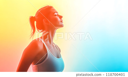 Young woman relaxing after fitness training with copy space 118700401