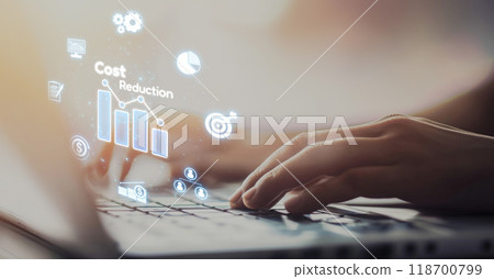 Cost reduction, cost saving concept shown by digital graphic EIDE overlays 118700799