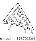 A slice of pizza with lots of toppings, line drawing A slice of pizza with lots of toppings, line drawing 118701304