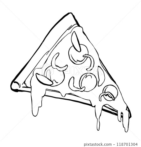 A slice of pizza with lots of toppings, line drawing A slice of pizza with lots of toppings, line drawing 118701304