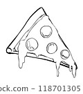 Pepperoni pizza slice line drawing Pepperoni pizza slice line drawing 118701305
