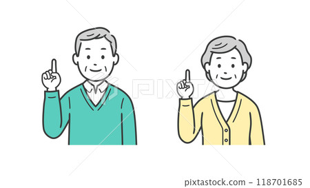 Upper body illustration of an elderly man and woman pointing 118701685