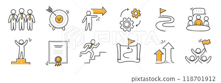 Doodle career icon set. Success winner, business goal, challenge hand drawn sketch line pen stroke style icon. Professional business career, goal sketch doodle drawn collection. Vector 118701912