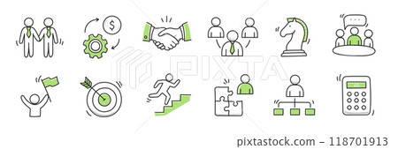 Hand drawn icon sketch business office career set. Doodle hand drawn business office target, finance group work, career teamwork strategy. Target, puzzle, chart element. Vector Hand drawn icon sketch business office career set. Doodle hand drawn business office target, finance group work, career teamwork strategy. Target, puzzle, chart element. Vector 118701913