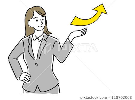 Hand-drawn rough line drawing of a woman in a suit and a rising arrow Hand-drawn rough line drawing of a woman in a suit and a rising arrow 118702068