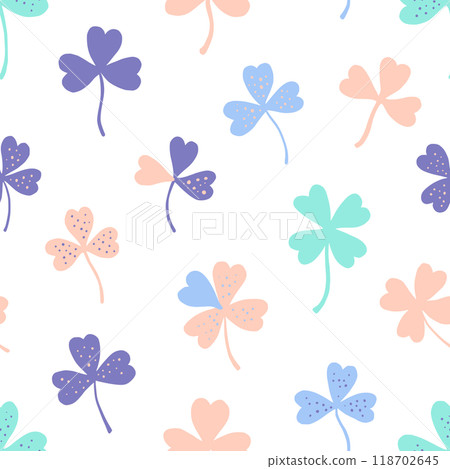 Seamless pattern with clover in pastel delicate colors. Hand-drawn illustration. 118702645